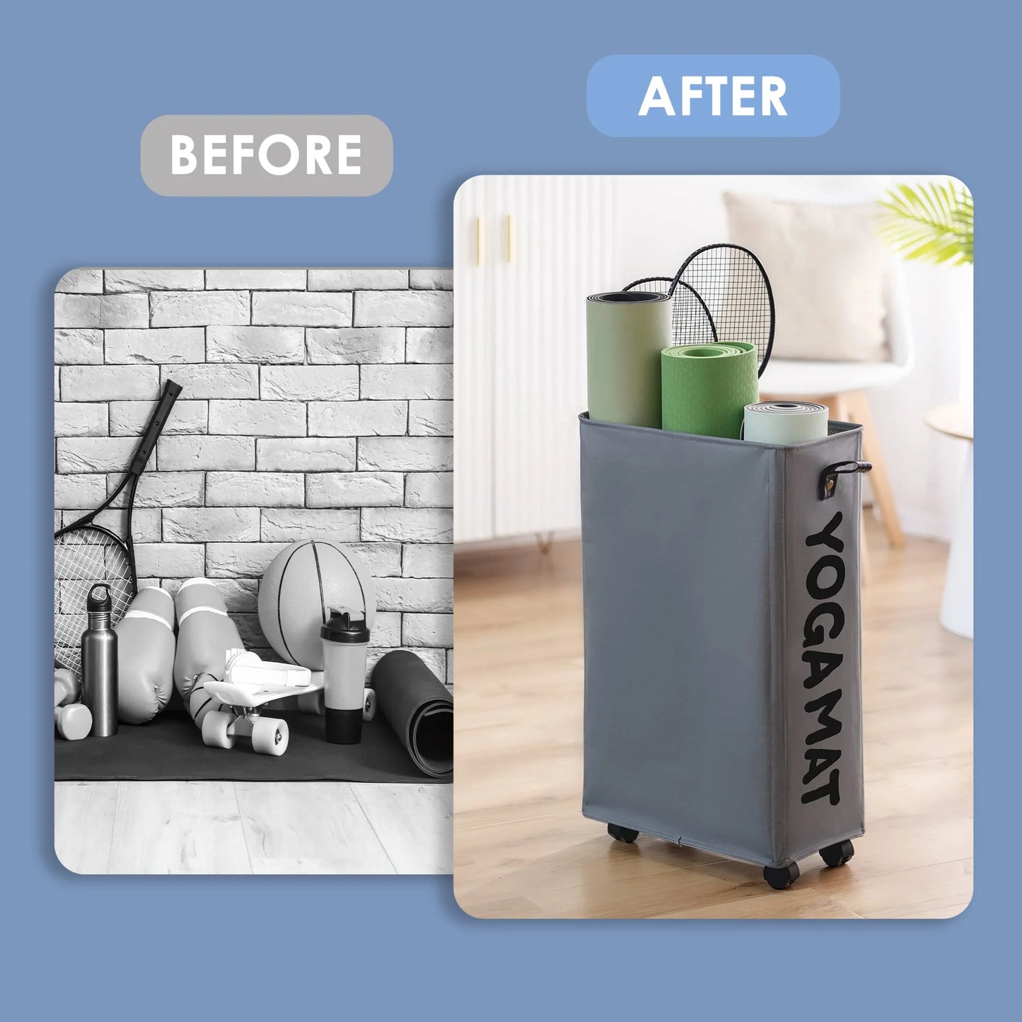 Yoga Mat Storage Rack, 22?? Large Yoga Mat Holder Accessories, Home Gym Equipment Storage Yoga Mats, Workout Equipment Organization with Wheels, Gray