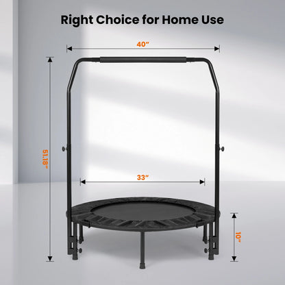 40" Fitness Trampoline Mini Trampoline with Bungees Adjustable Foam Handle Exercise Trampoline for Teenagers Adults Indoor/Garden Workout