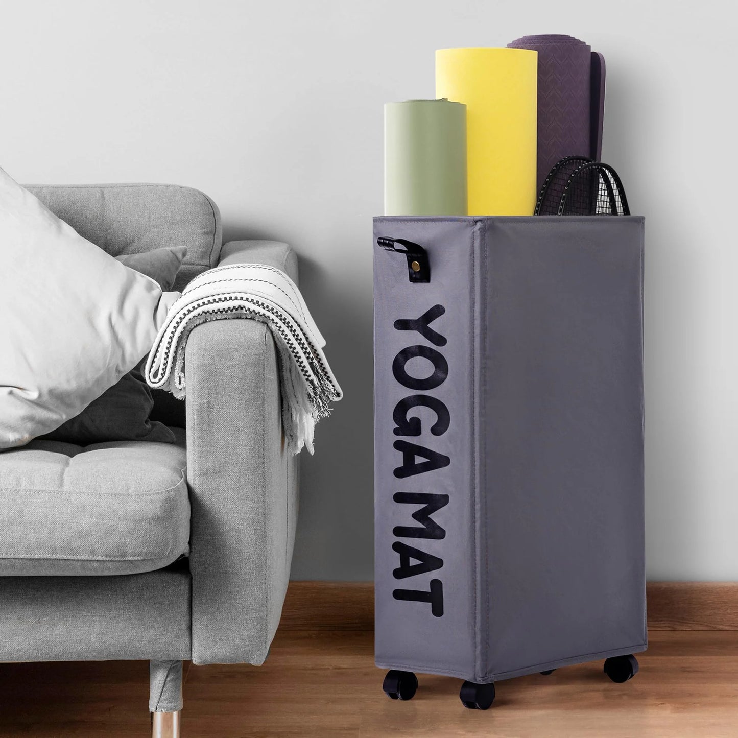 Yoga Mat Storage Rack, 22?? Large Yoga Mat Holder Accessories, Home Gym Equipment Storage Yoga Mats, Workout Equipment Organization with Wheels, Gray