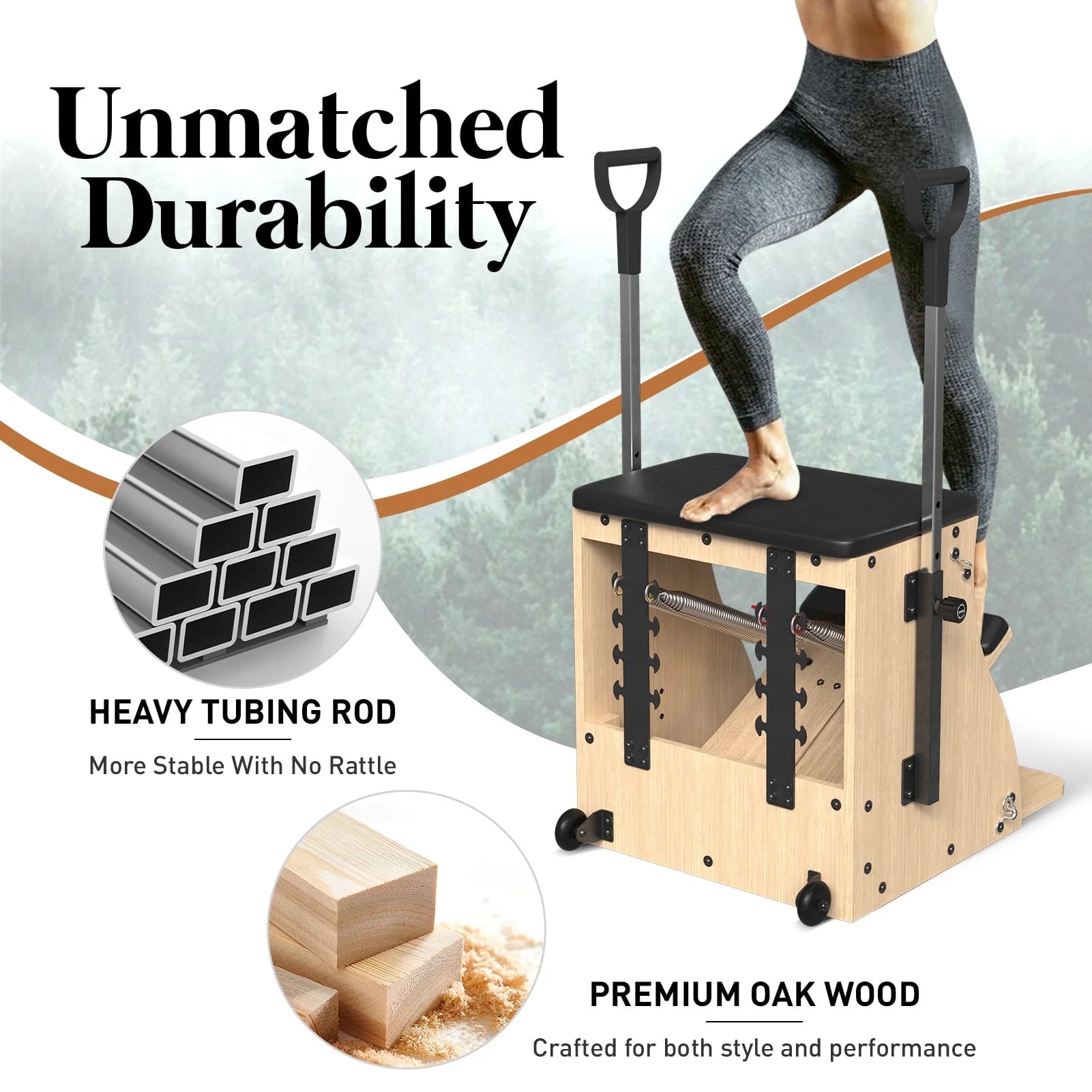 Pilates Reformer Machine, Wood Pilates Machine Bed Yoga Exercise Strength Training Equipment with Pilates Chair and Pilates Barrel for Home Workout