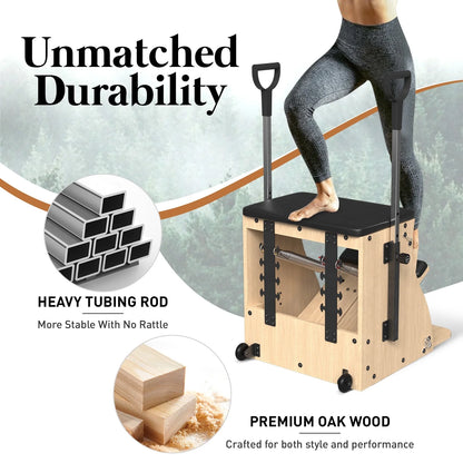 Pilates Reformer Machine, Wood Pilates Machine Bed Yoga Exercise Strength Training Equipment with Pilates Chair and Pilates Barrel for Home Workout