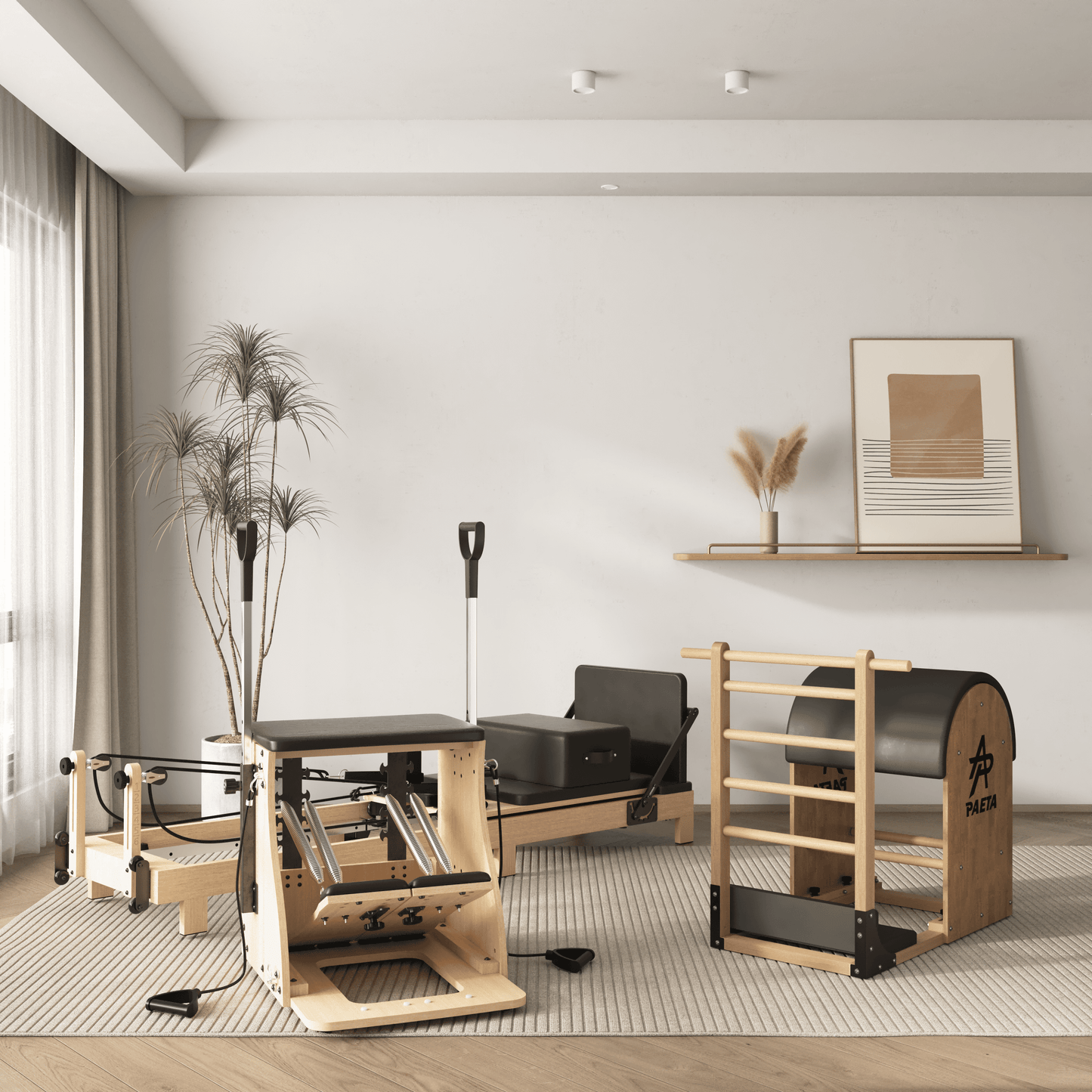 Pilates Reformer Machine, Wood Pilates Machine Bed Yoga Exercise Strength Training Equipment with Pilates Chair and Pilates Barrel for Home Workout