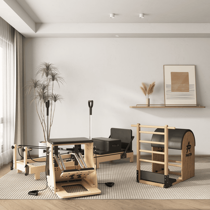 Pilates Reformer Machine, Wood Pilates Machine Bed Yoga Exercise Strength Training Equipment with Pilates Chair and Pilates Barrel for Home Workout