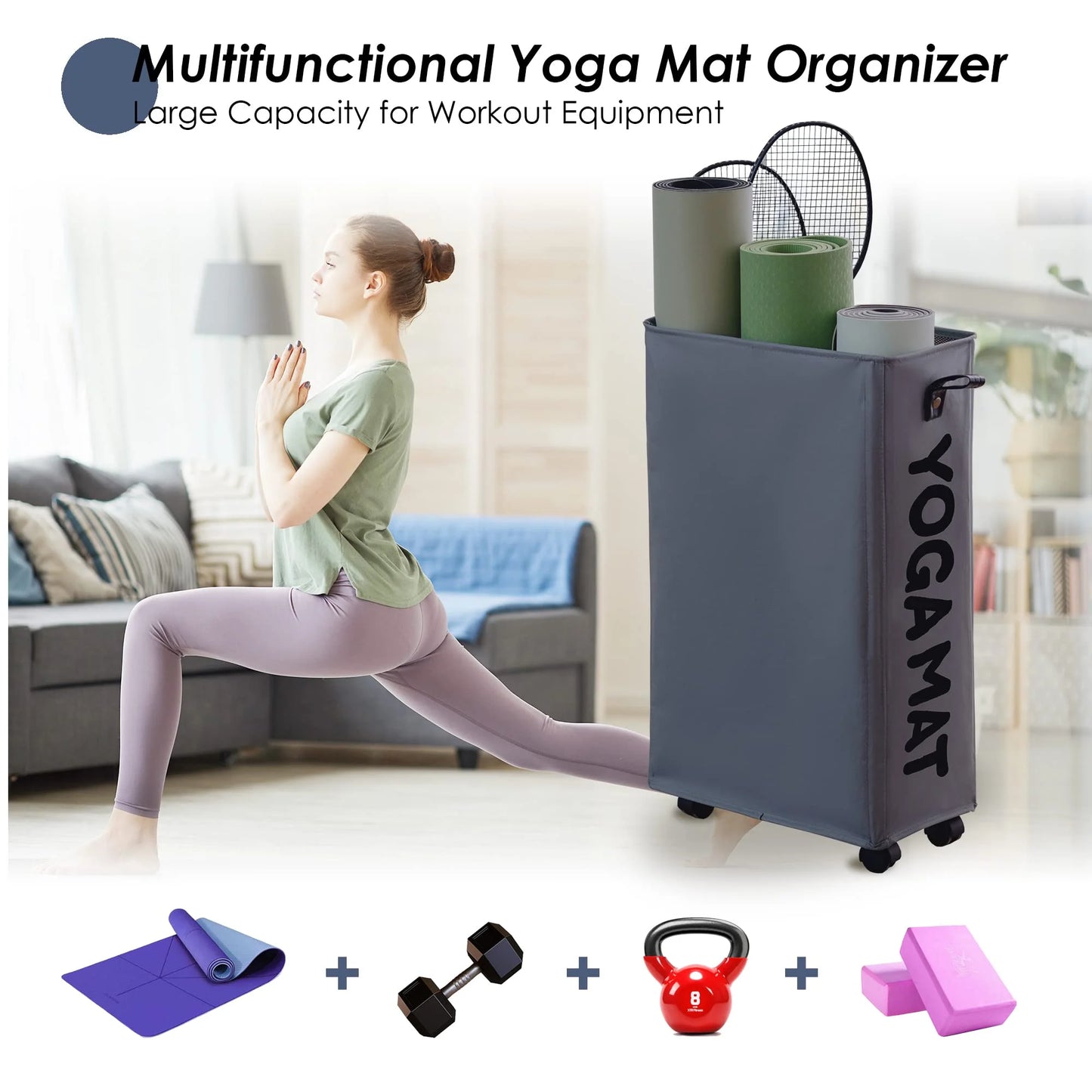 Yoga Mat Storage Rack, 22?? Large Yoga Mat Holder Accessories, Home Gym Equipment Storage Yoga Mats, Workout Equipment Organization with Wheels, Gray